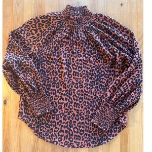 Loft Womens Leopard Print Smocked High Neck Blouse Terracotta Black Small